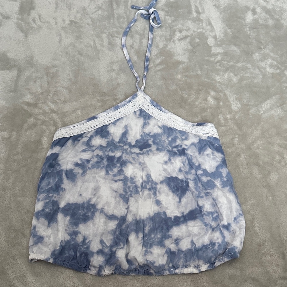 Hollister Blue and White Tie Dye Lace Trim Halter Top